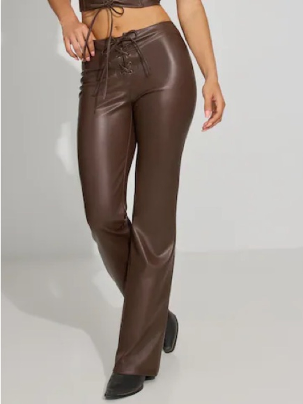 Garage Faux Leather Lace-Up High-Waist Pants - Brown